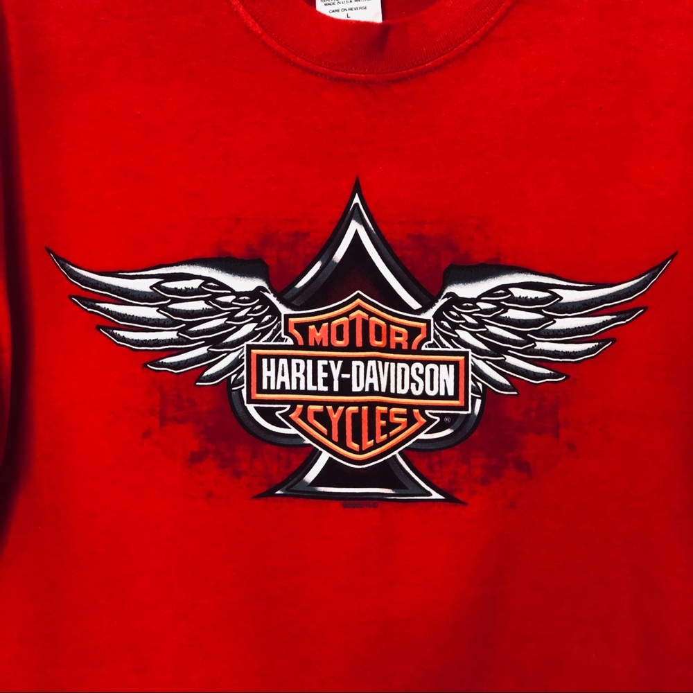 Harley Davidson Red SS T-Shirt w/ Spade n Wings - Picture 2 of 6